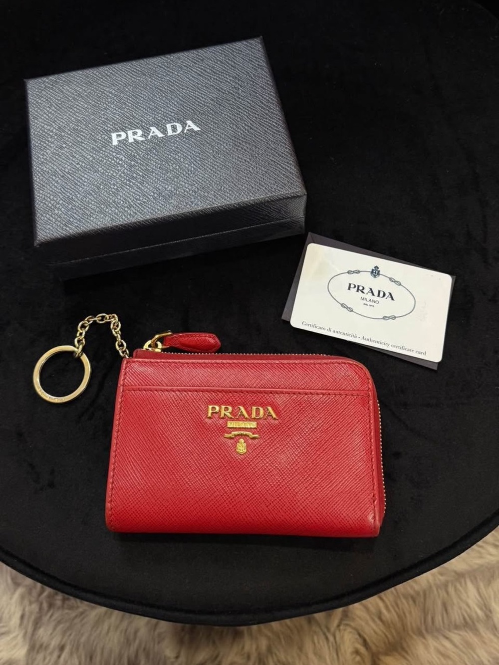Prada Red Saffiano Leather Zip Card Holder with Gold Key Ring